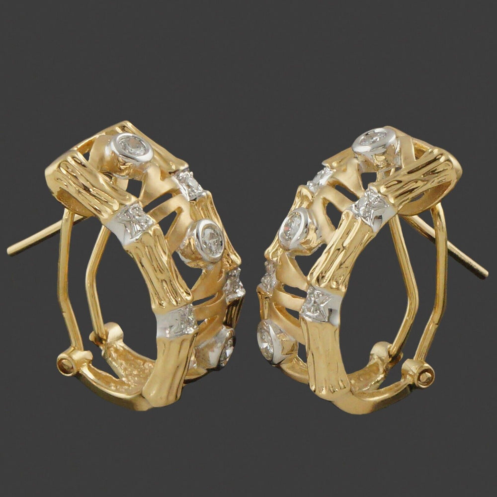 Modernist Solid 18K Yellow Gold & .40 CTW Diamond Bamboo Motif Huggie Earrings, Olde Towne Jewelers, Santa Rosa CA.