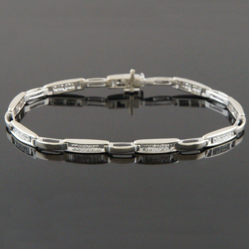 Solid 14K White Gold 2.75 CTW Invisible Set Diamond Bar Link 7" Estate Bracelet