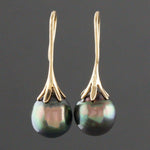 Modernist Solid 14K Yellow Gold & 9mm Tahitian Pearl Drop Dangle Earrings