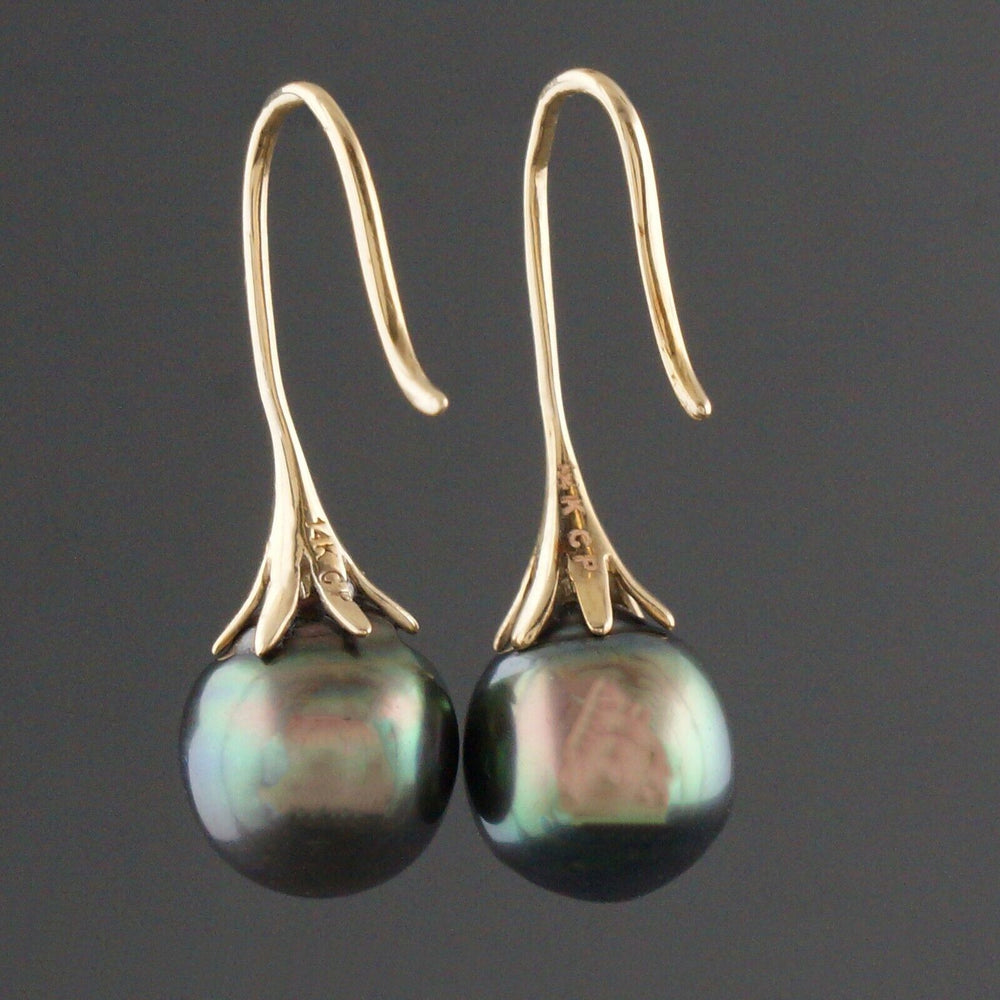 Modernist Solid 14K Yellow Gold & 9mm Tahitian Pearl Drop Dangle Earrings, Olde Towne Jewelers, Santa Rosa CA.