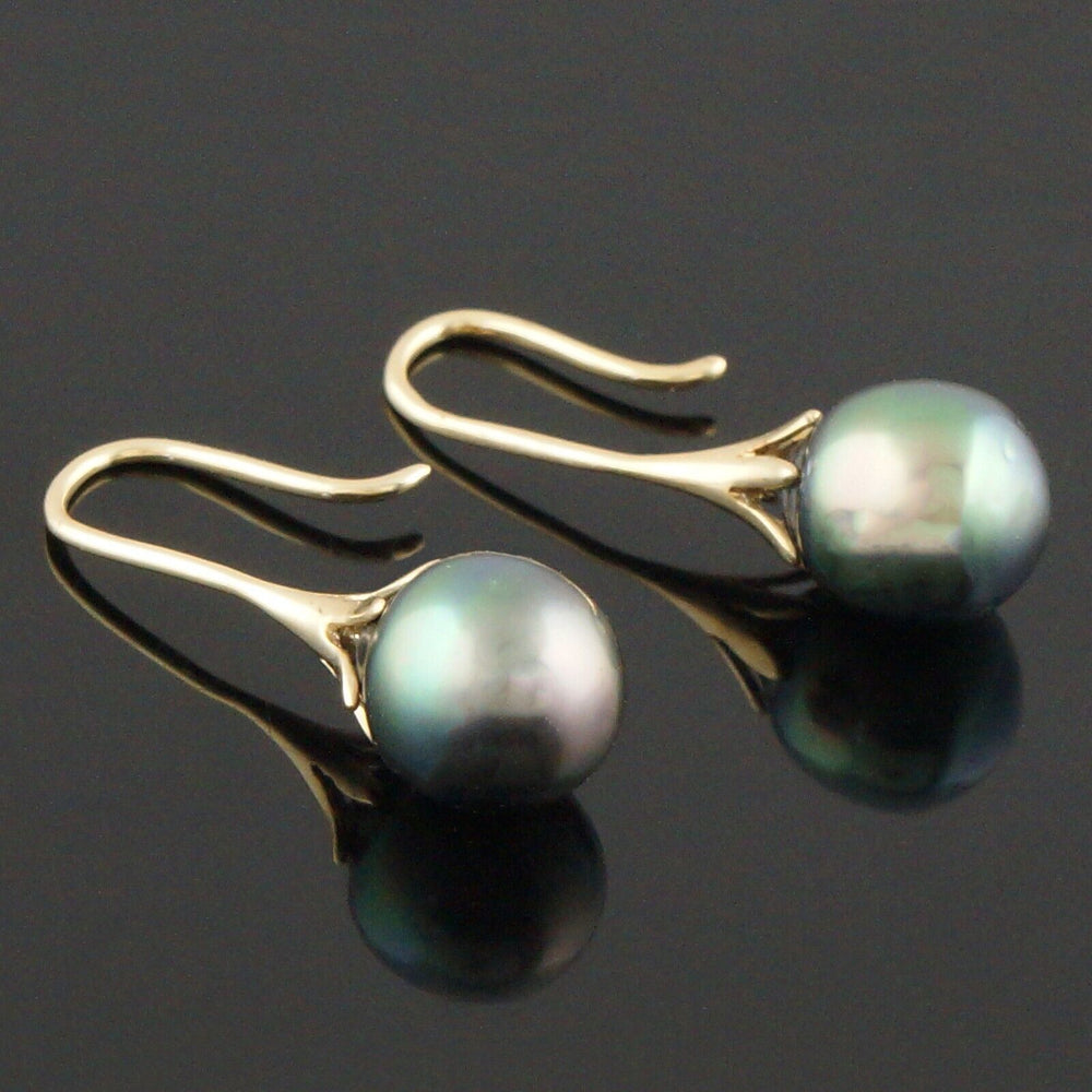 Modernist Solid 14K Yellow Gold & 9mm Tahitian Pearl Drop Dangle Earrings, Olde Towne Jewelers, Santa Rosa CA.