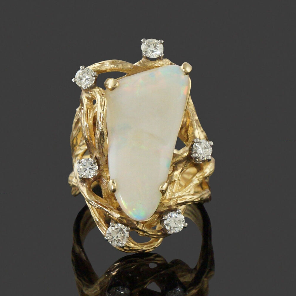 Modernist Organic Free Form Solid 14K Gold, Opal & .60 CTW Diamond Cocktail Ring