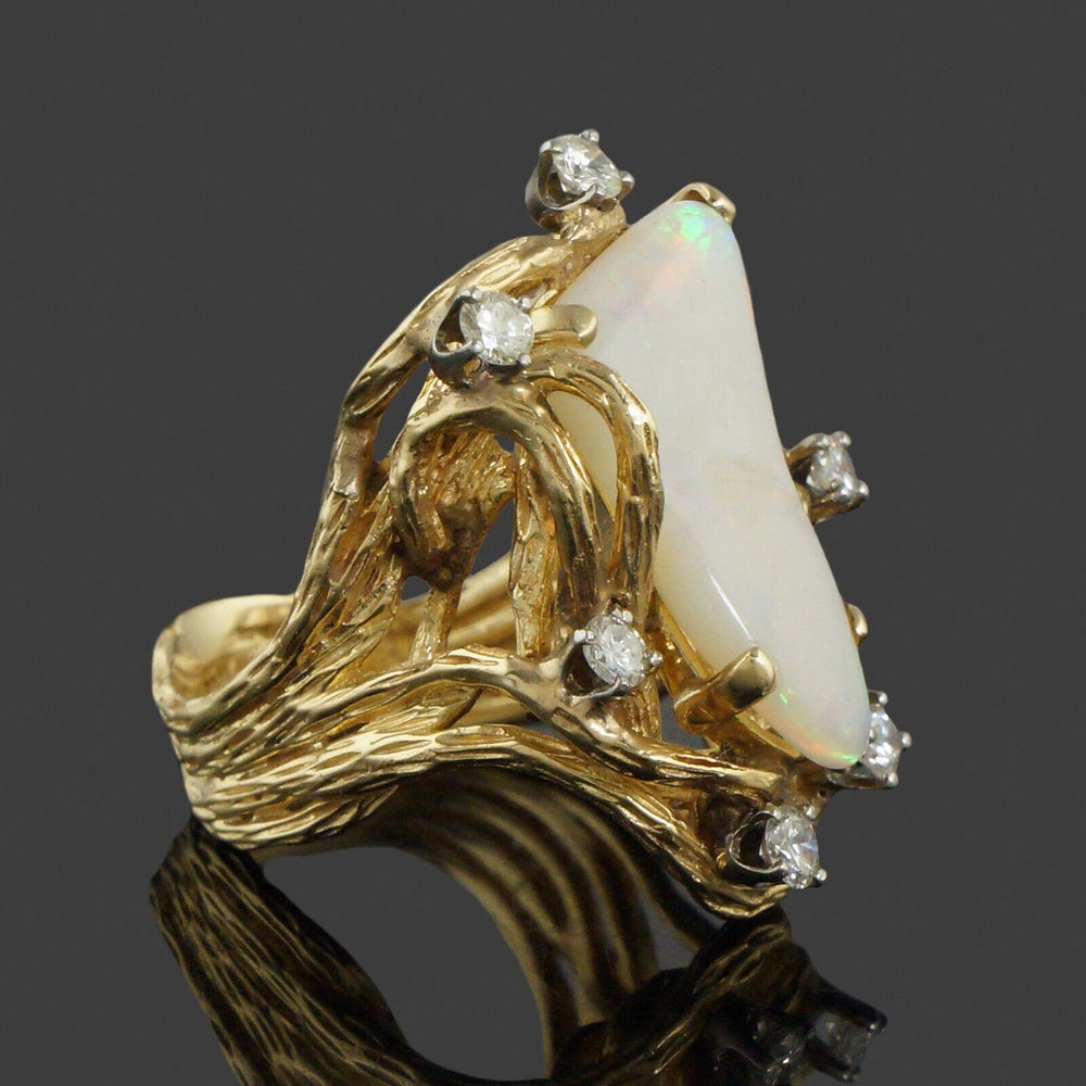 Modernist Organic Free Form Solid 14K Gold, Opal & .60 CTW Diamond Cocktail Ring, Olde Towne Jewelers, Santa Rosa CA.