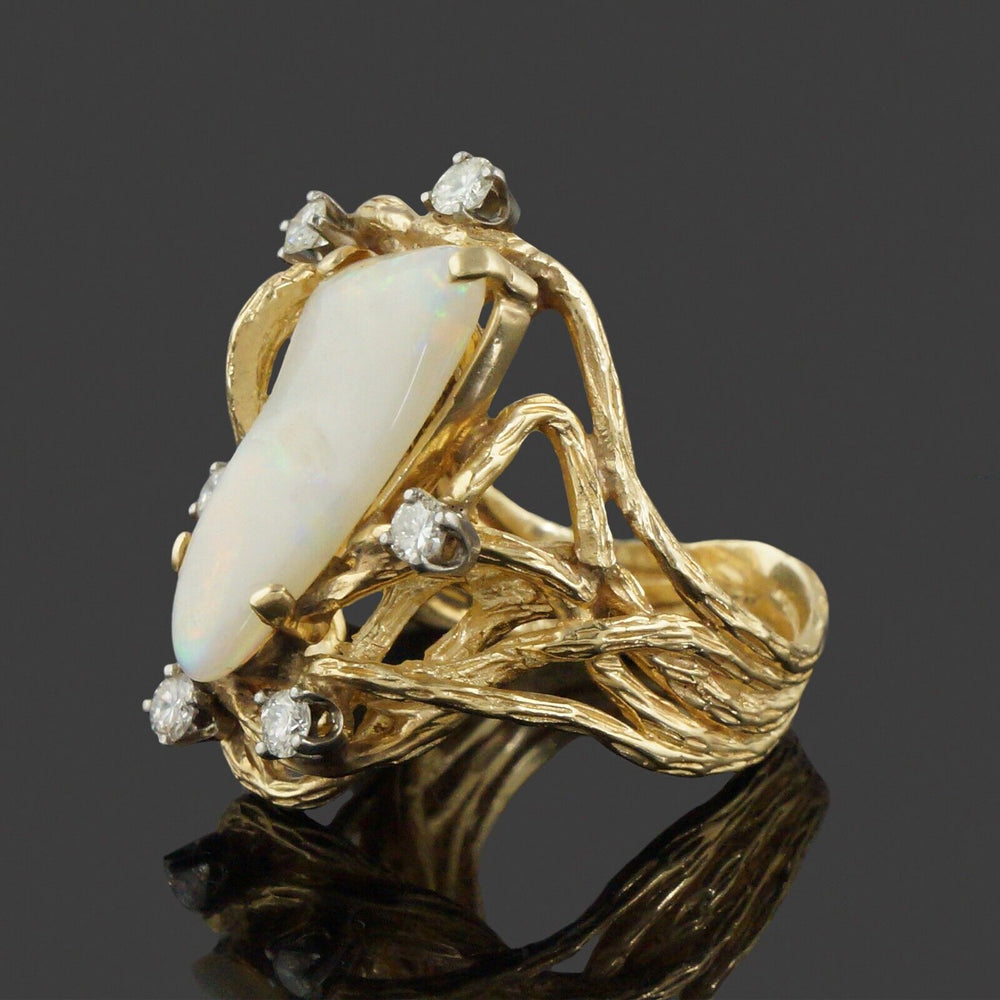 Modernist Organic Free Form Solid 14K Gold, Opal & .60 CTW Diamond Cocktail Ring, Olde Towne Jewelers, Santa Rosa CA.