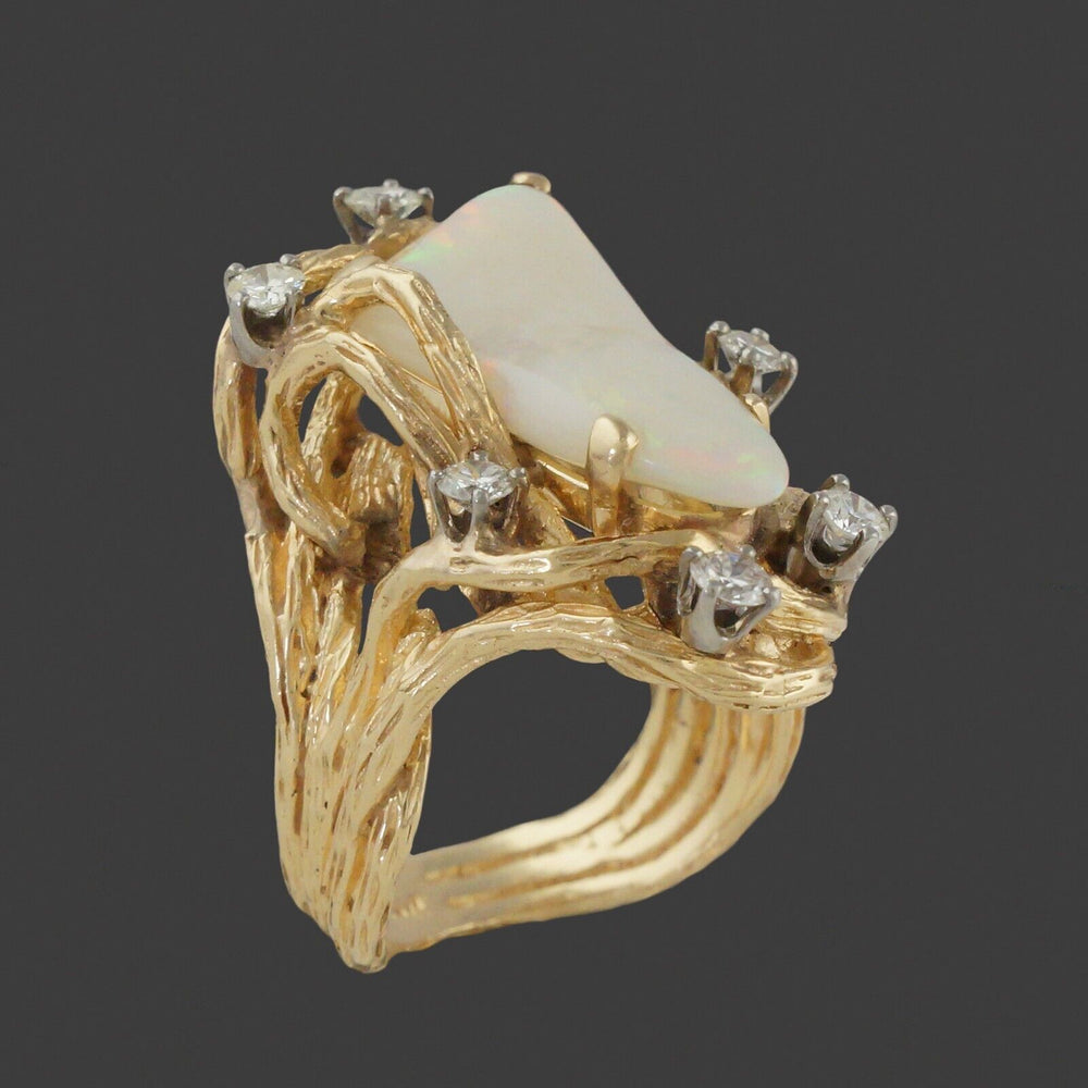 Modernist Organic Free Form Solid 14K Gold, Opal & .60 CTW Diamond Cocktail Ring, Olde Towne Jewelers, Santa Rosa CA.