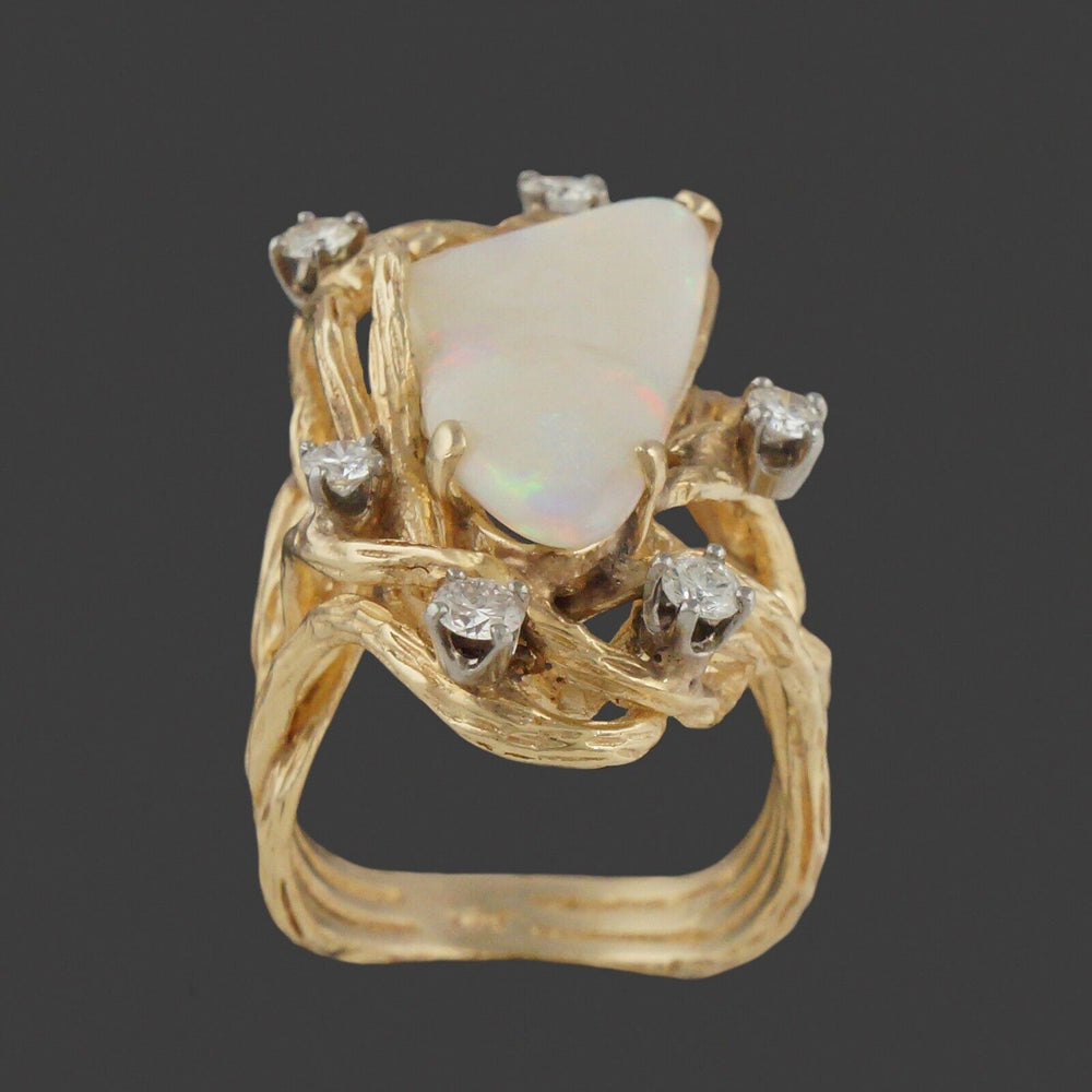 Modernist Organic Free Form Solid 14K Gold, Opal & .60 CTW Diamond Cocktail Ring, Olde Towne Jewelers, Santa Rosa CA.
