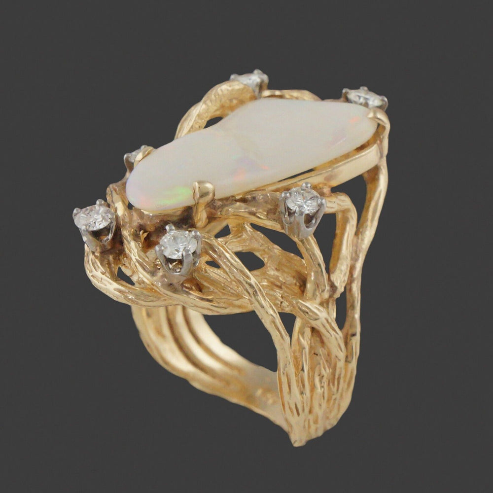 Modernist Organic Free Form Solid 14K Gold, Opal & .60 CTW Diamond Cocktail Ring, Olde Towne Jewelers, Santa Rosa CA.