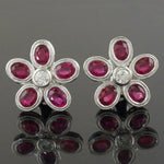 Solid 18K White Gold, 2.00 CTW Ruby & Diamond Floral Motif Huggie Stud Earrings