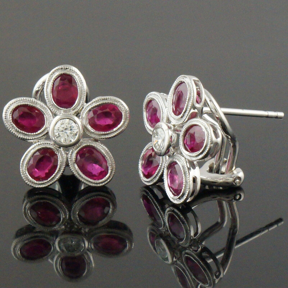 Solid 18K White Gold, 2.00 CTW Ruby & Diamond Floral Motif Huggie Stud Earrings, Olde Towne Jewelers, Santa Rosa CA.