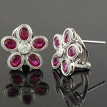Solid 18K White Gold, 2.00 CTW Ruby & Diamond Floral Motif Huggie Stud Earrings, Olde Towne Jewelers, Santa Rosa CA.