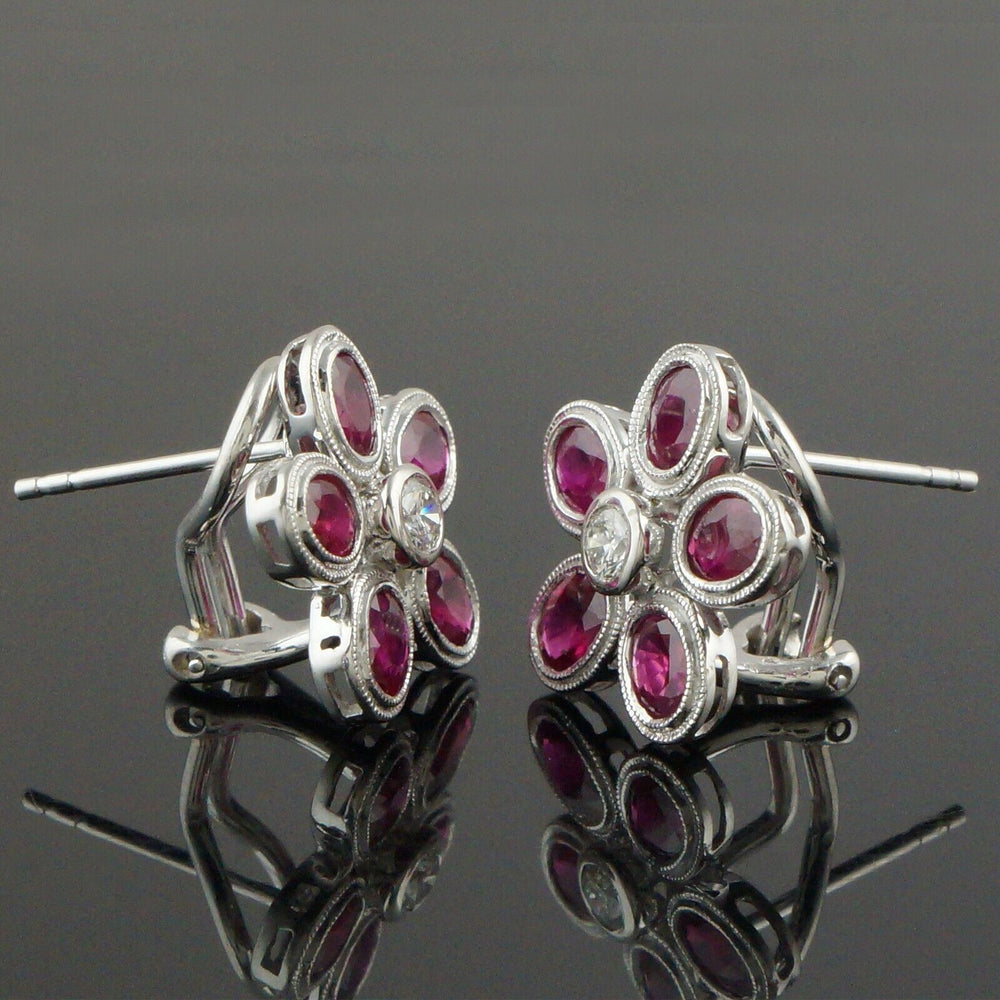 Solid 18K White Gold, 2.00 CTW Ruby & Diamond Floral Motif Huggie Stud Earrings, Olde Towne Jewelers, Santa Rosa CA.