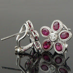 Solid 18K White Gold, 2.00 CTW Ruby & Diamond Floral Motif Huggie Stud Earrings, Olde Towne Jewelers, Santa Rosa CA.