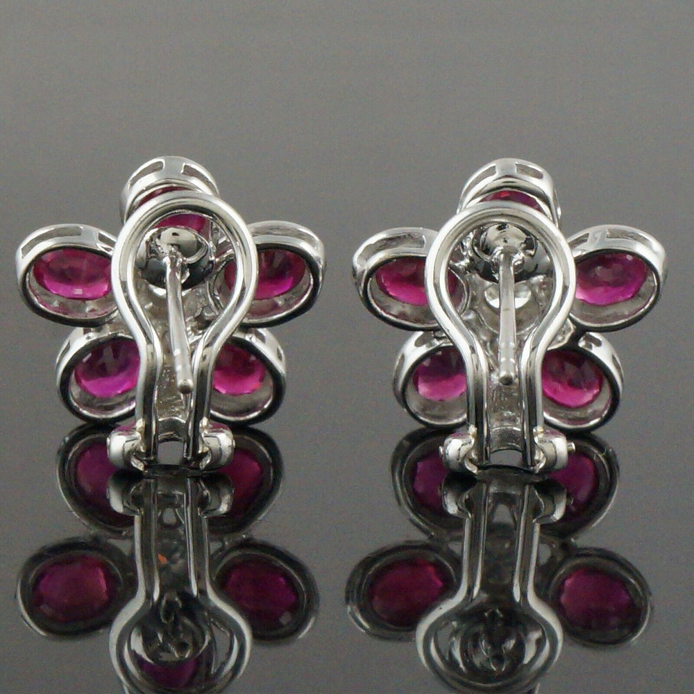 Solid 18K White Gold, 2.00 CTW Ruby & Diamond Floral Motif Huggie Stud Earrings, Olde Towne Jewelers, Santa Rosa CA.