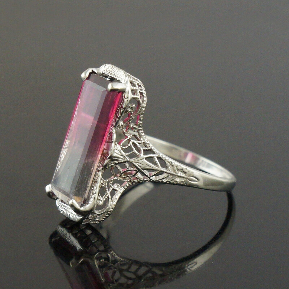 Art Deco Solid 14K White Gold Filigree & Bi-Color Tourmaline Estate Ring