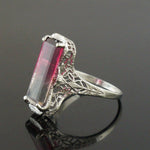 Art Deco Solid 14K White Gold Filigree & Bi-Color Tourmaline Estate Ring