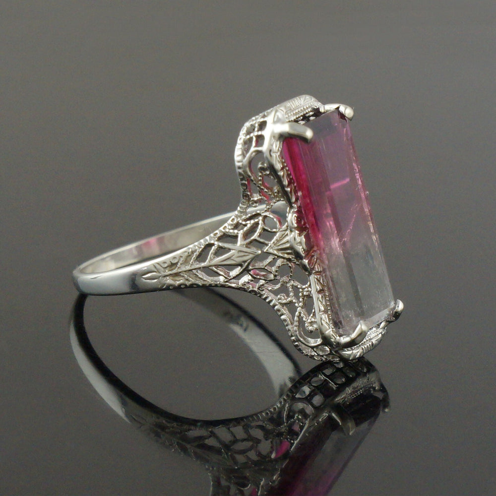 Art Deco Solid 14K White Gold Filigree & Bi-Color Tourmaline Estate Ring, Olde Towne Jewelers, Santa Rosa CA.