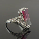 Art Deco Solid 14K White Gold Filigree & Bi-Color Tourmaline Estate Ring, Olde Towne Jewelers, Santa Rosa CA.