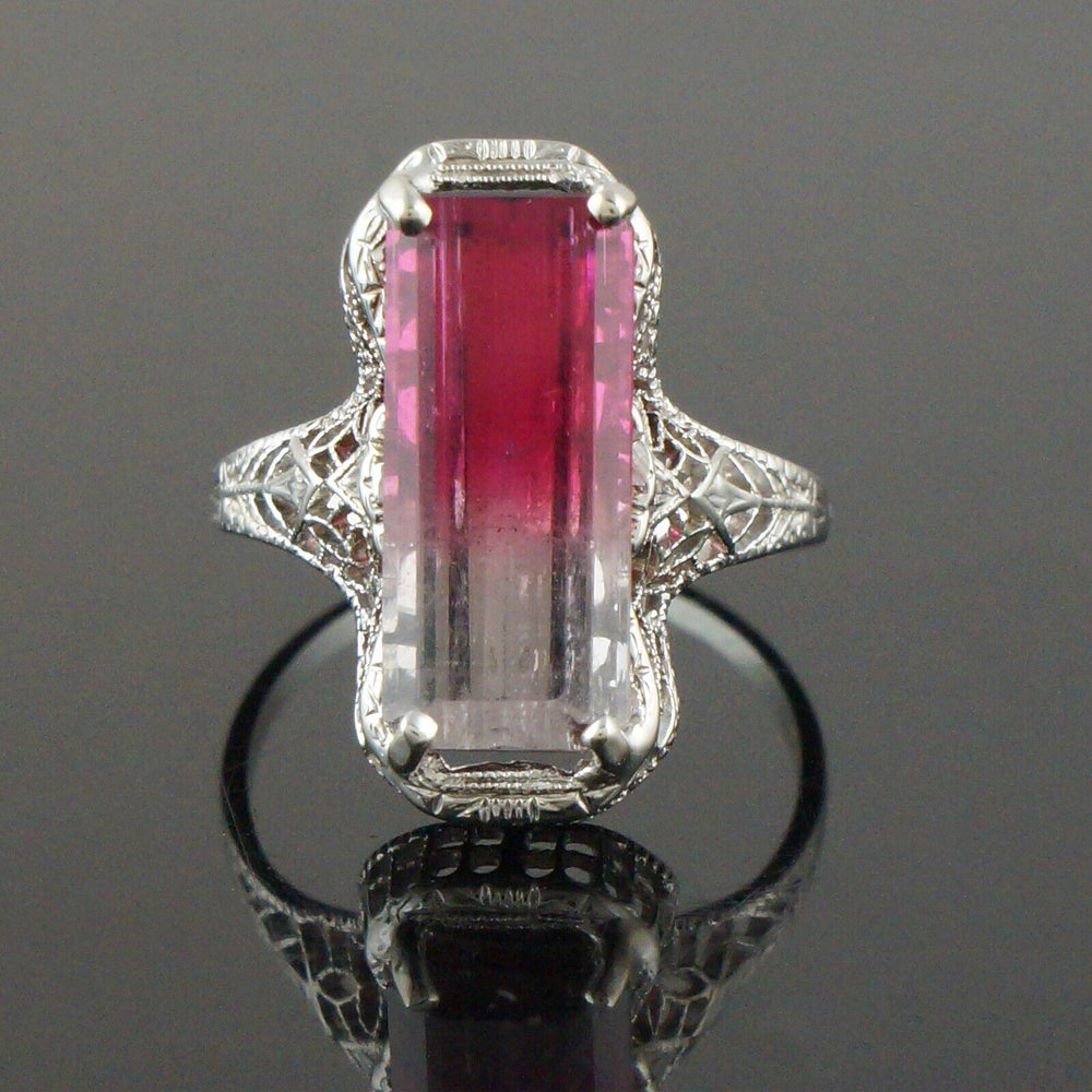 Art Deco Solid 14K White Gold Filigree & Bi-Color Tourmaline Estate Ring, Olde Towne Jewelers, Santa Rosa CA.