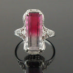 Art Deco Solid 14K White Gold Filigree & Bi-Color Tourmaline Estate Ring, Olde Towne Jewelers, Santa Rosa CA.