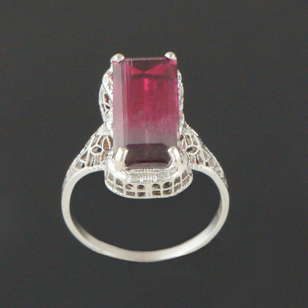 Art Deco Solid 14K White Gold Filigree & Bi-Color Tourmaline Estate Ring, Olde Towne Jewelers, Santa Rosa CA.