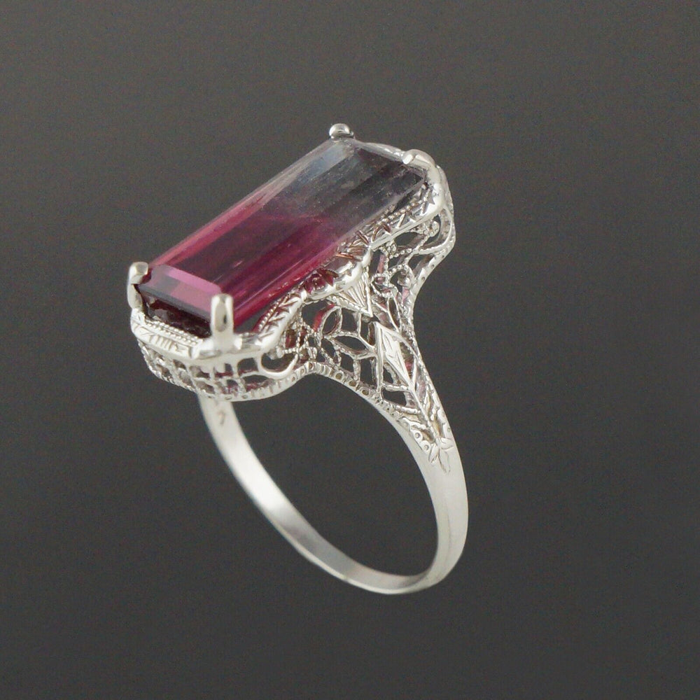 Art Deco Solid 14K White Gold Filigree & Bi-Color Tourmaline Estate Ring, Olde Towne Jewelers, Santa Rosa CA.