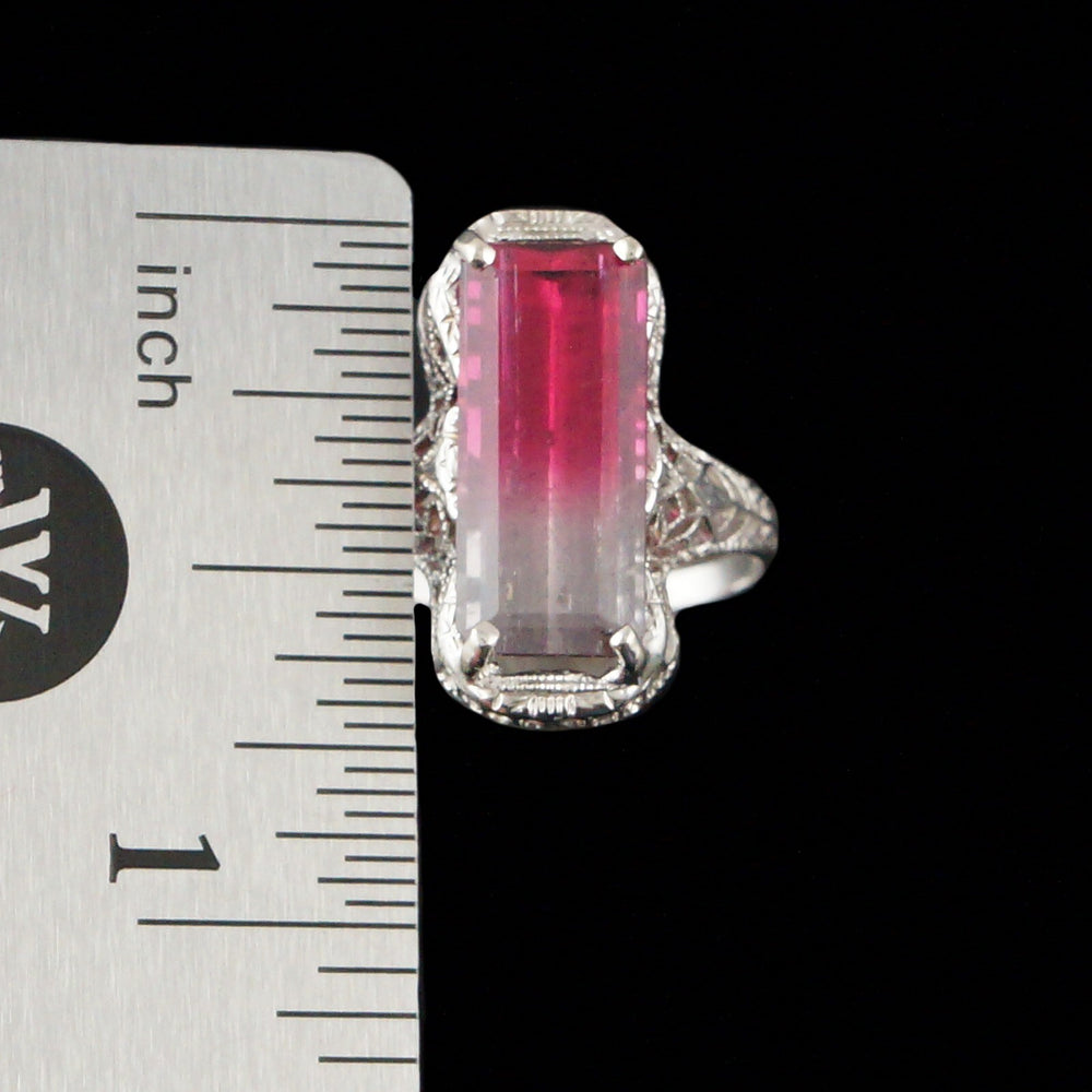 Art Deco Solid 14K White Gold Filigree & Bi-Color Tourmaline Estate Ring, Olde Towne Jewelers, Santa Rosa CA.