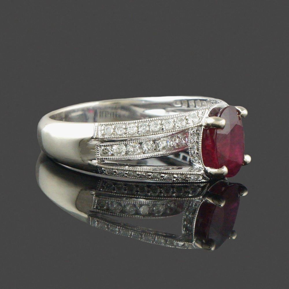 Solid 18K White Gold Filigree, Oval Ruby & Diamond Estate Engagement Ring