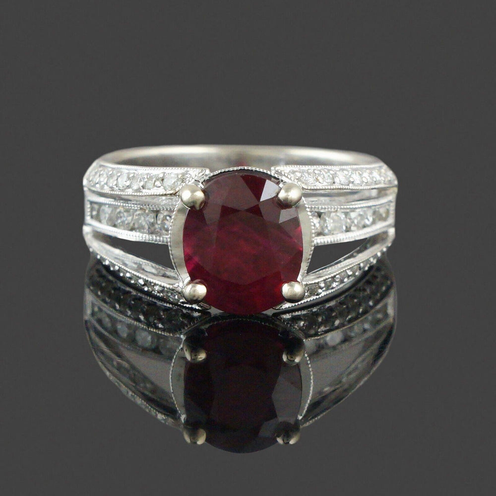 Solid 18K White Gold Filigree, Oval Ruby & Diamond Estate Engagement Ring, Olde Towne Jewelers, Santa Rosa CA.