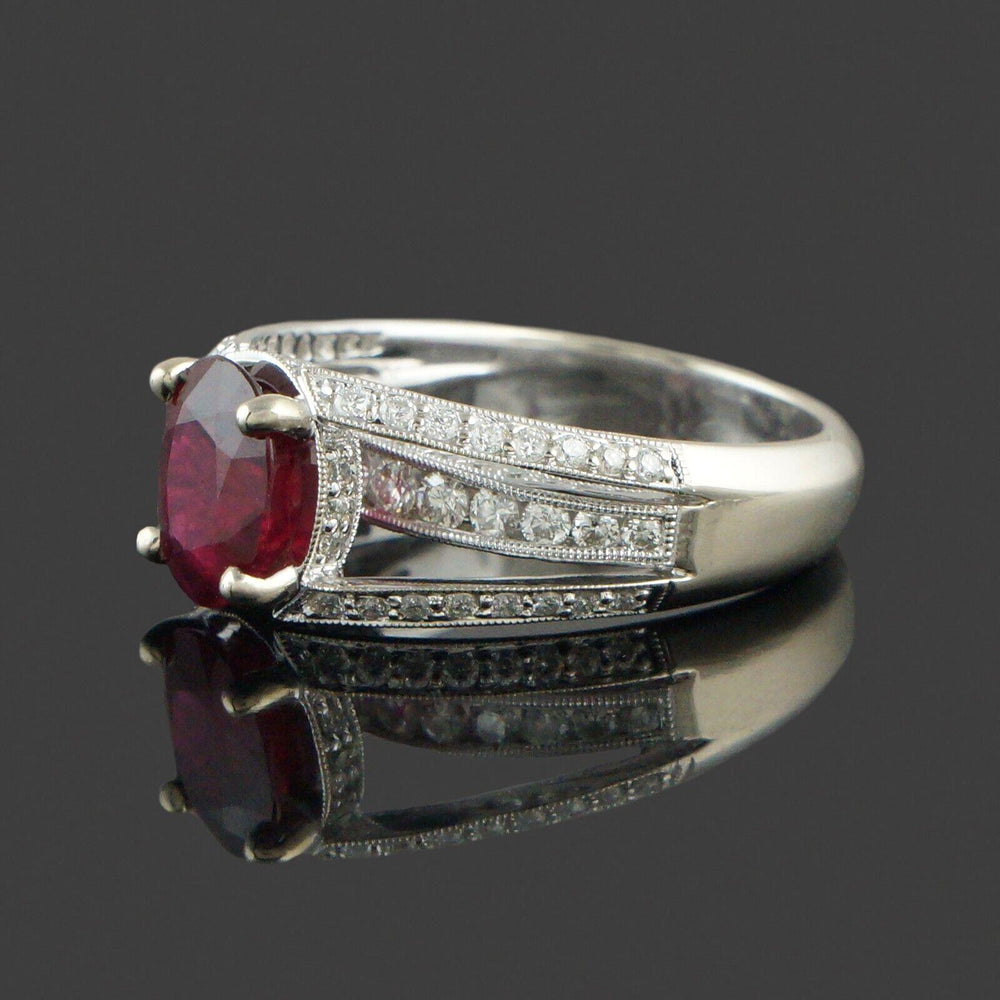 Solid 18K White Gold Filigree, Oval Ruby & Diamond Estate Engagement Ring, Olde Towne Jewelers, Santa Rosa CA.