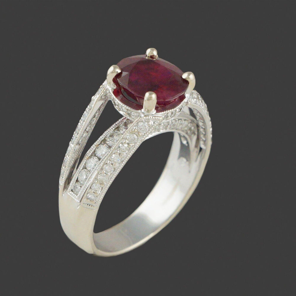 Solid 18K White Gold Filigree, Oval Ruby & Diamond Estate Engagement Ring, Olde Towne Jewelers, Santa Rosa CA.
