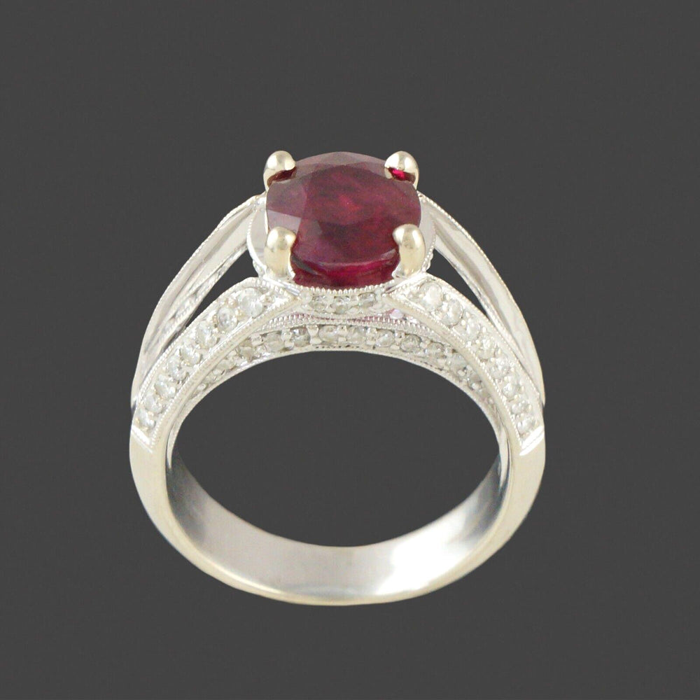 Solid 18K White Gold Filigree, Oval Ruby & Diamond Estate Engagement Ring, Olde Towne Jewelers, Santa Rosa CA.