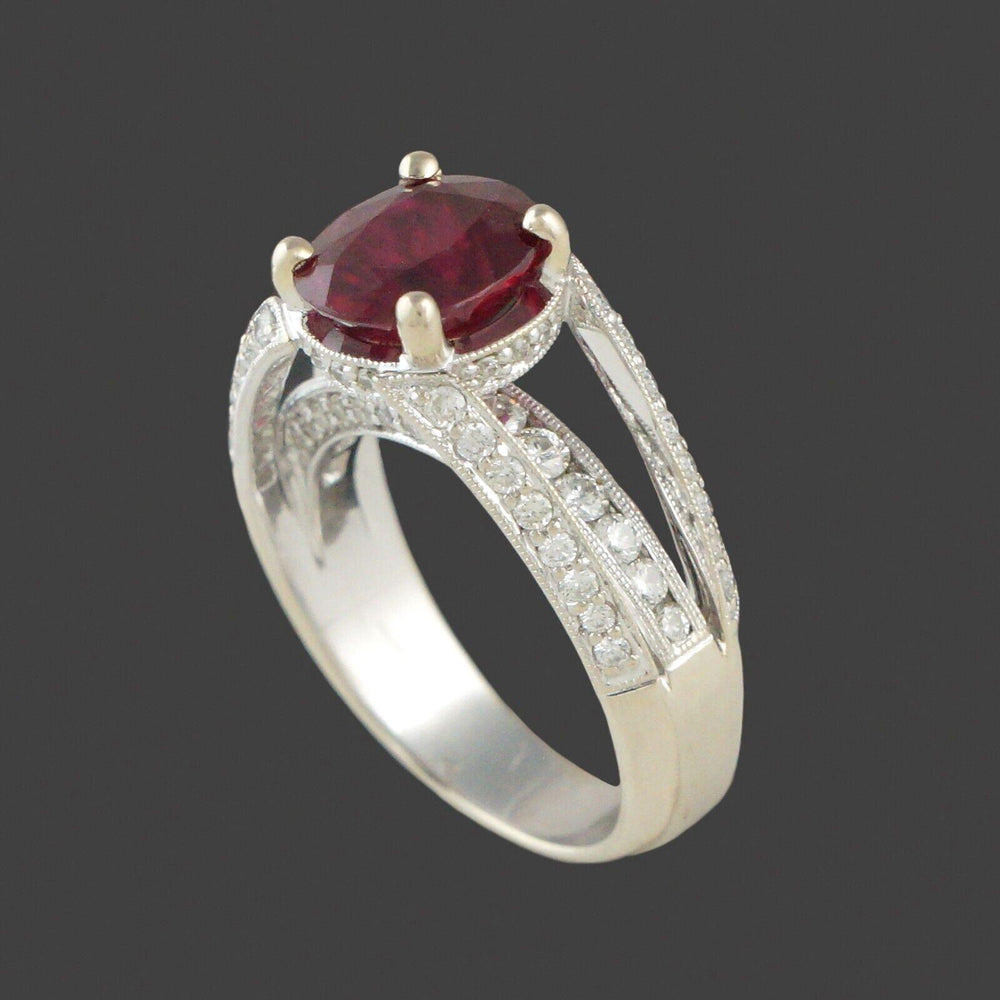 Solid 18K White Gold Filigree, Oval Ruby & Diamond Estate Engagement Ring, Olde Towne Jewelers, Santa Rosa CA.