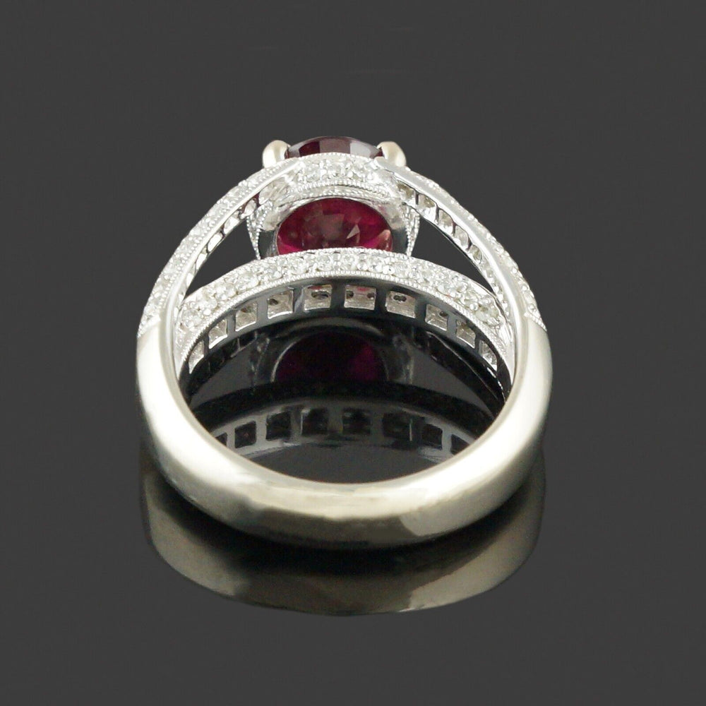 Solid 18K White Gold Filigree, Oval Ruby & Diamond Estate Engagement Ring, Olde Towne Jewelers, Santa Rosa CA.