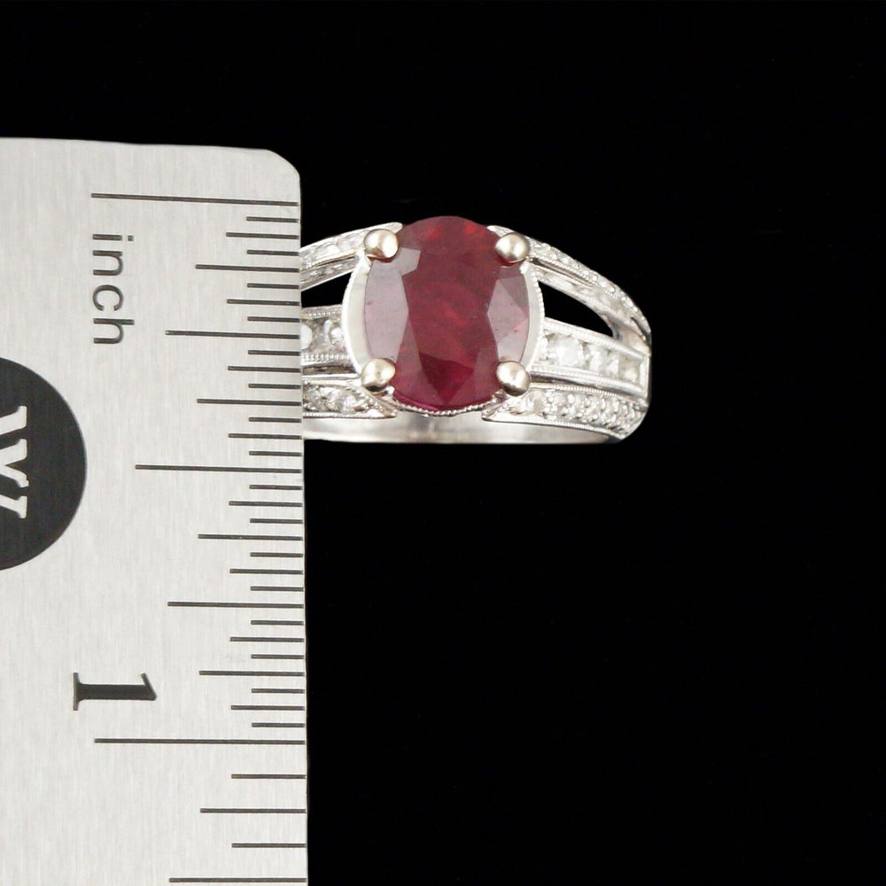 Solid 18K White Gold Filigree, Oval Ruby & Diamond Estate Engagement Ring, Olde Towne Jewelers, Santa Rosa CA.