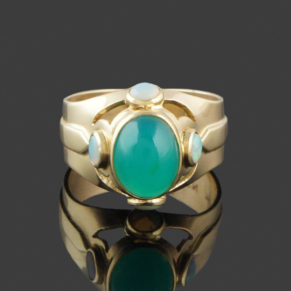 Modernist Solid 14K Yellow Gold 1.50 Ct Chrysoprase Cabochon 1.20 CTW Opal Ring, Olde Towne Jewelers, Santa Rosa CA.