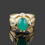 Modernist Solid 14K Yellow Gold 1.50 Ct Chrysoprase Cabochon 1.20 CTW Opal Ring, Olde Towne Jewelers, Santa Rosa CA.