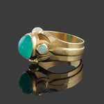 Modernist Solid 14K Yellow Gold 1.50 Ct Chrysoprase Cabochon 1.20 CTW Opal Ring, Olde Towne Jewelers, Santa Rosa CA.
