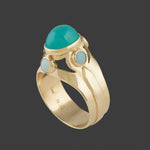 Modernist Solid 14K Yellow Gold 1.50 Ct Chrysoprase Cabochon 1.20 CTW Opal Ring, Olde Towne Jewelers, Santa Rosa CA.