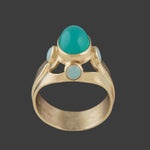 Modernist Solid 14K Yellow Gold 1.50 Ct Chrysoprase Cabochon 1.20 CTW Opal Ring, Olde Towne Jewelers, Santa Rosa CA.