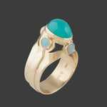 Modernist Solid 14K Yellow Gold 1.50 Ct Chrysoprase Cabochon 1.20 CTW Opal Ring, Olde Towne Jewelers, Santa Rosa CA.