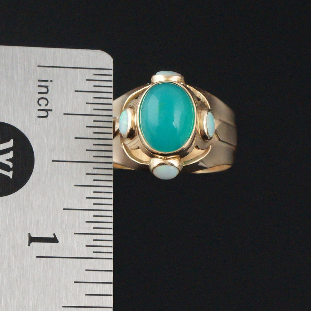 Modernist Solid 14K Yellow Gold 1.50 Ct Chrysoprase Cabochon 1.20 CTW Opal Ring, Olde Towne Jewelers, Santa Rosa CA.