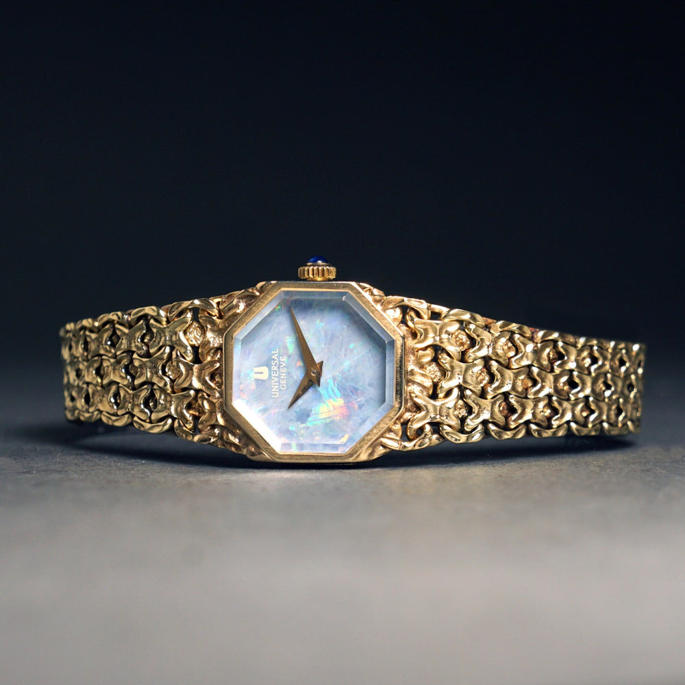 Universal Geneve Solid 14K Yellow Gold & Opal Dial Woman's Bracelet Watch, Olde Towne Jewelers, Santa Rosa CA.