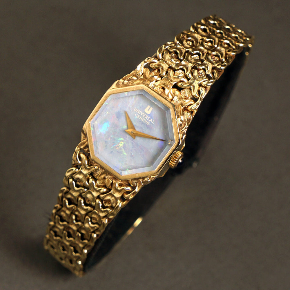 Universal Geneve Solid 14K Yellow Gold & Opal Dial Woman's Bracelet Watch, Olde Towne Jewelers, Santa Rosa CA.