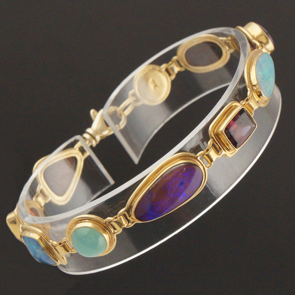 Solid 18K Gold Bezel Set Multi Color Gemstone Cabochon Link Estate Bracelet, Olde Towne Jewelers, Santa Rosa CA.
