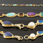 Solid 18K Gold Bezel Set Multi Color Gemstone Cabochon Link Estate Bracelet, Olde Towne Jewelers, Santa Rosa CA.
