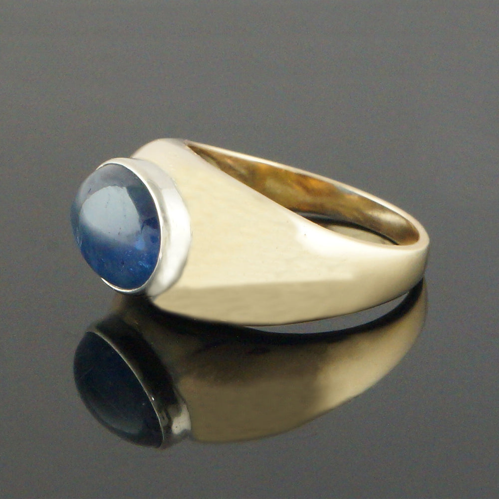 Two Tone Solid 14K Gold Oval Sapphire Cabcochon Domed Cigar Band Estate Ring