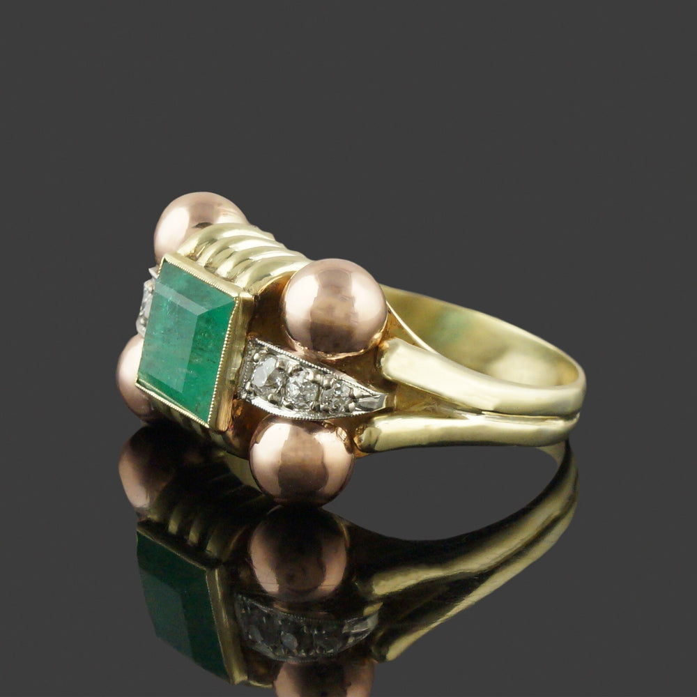 Custom Retro Tri-Color Solid 14K Gold, Emerald & Pave Diamond Estate Ring