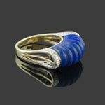 Heavy Solid 14K Yellow Gold Scalloped Lapis Lazuli & Diamond Estate Saddle Ring