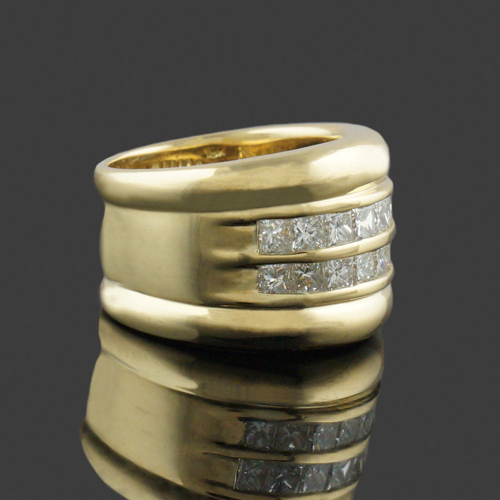 Wide Heavy Solid 18K Gold & Two Row 1.28 CTW Princess Diamond Cigar Band Ring, Olde Towne Jewelers, Santa Rosa CA.