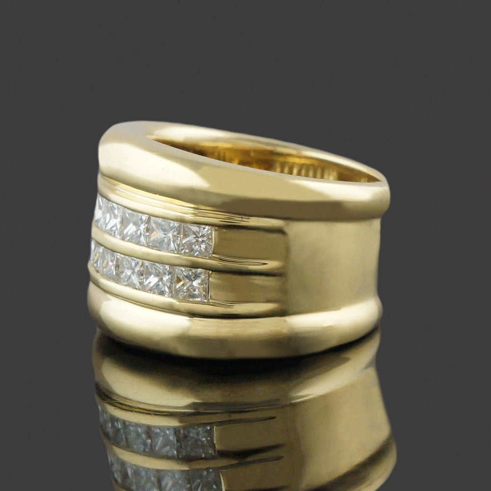 Wide Heavy Solid 18K Gold & Two Row 1.28 CTW Princess Diamond Cigar Band Ring, Olde Towne Jewelers, Santa Rosa CA.